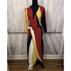 Boston Proper Women's Sz 14 Red Yellow Black Maxi Wrap Dress Colorblock Art Deco
